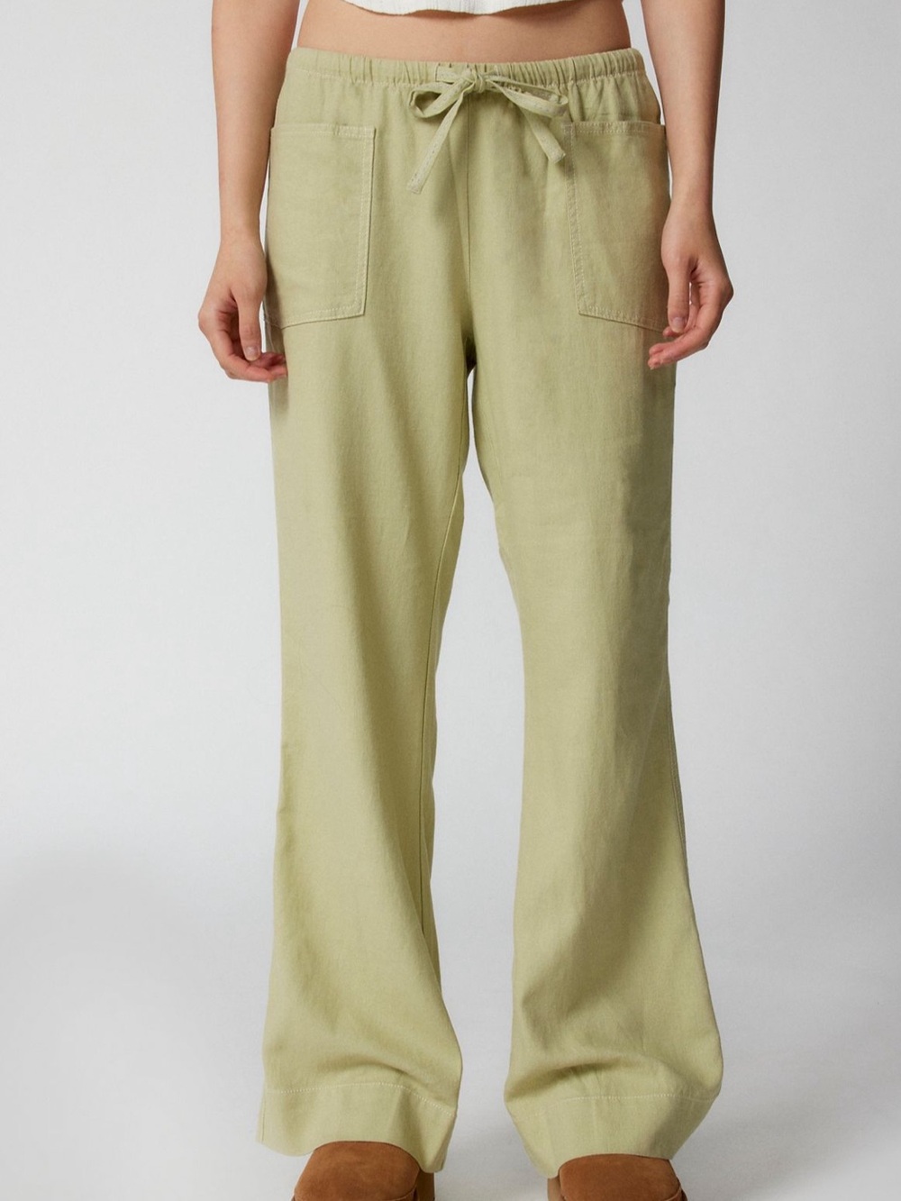 UO Amelie Linen Pant - Relaxed Drawstring Wide-Leg, Light Green Women’s Large